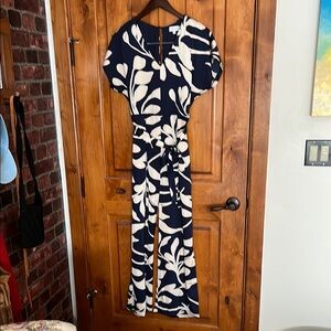 Luxology Navy and Cream Leaf Print Jumpsuit